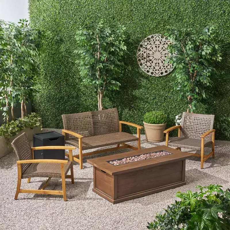 Christopher Knight Home Breakwater Outdoor Acacia Wood and Wicker 4 Seater Chat Set with 50,000BTU Fire Pit