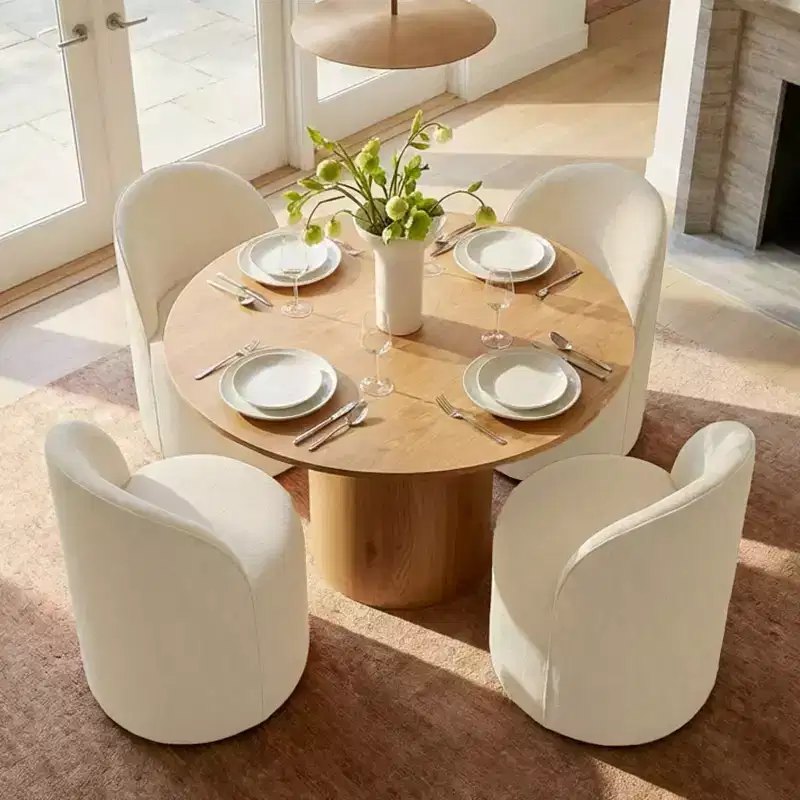 Dining Table Set for 4, Modern Barrel Chair with Wheels and Chenille Upholstery, Round Pedestal Table for Small-Dining Areas-Panipeachy