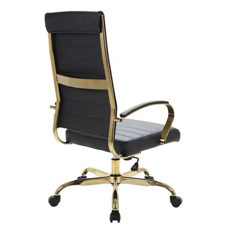 LeisureMod Benmar High-Back Ribbed Leather Office Chair - Modern Swivel & Tilt Executive Desk Chair - Gold Base