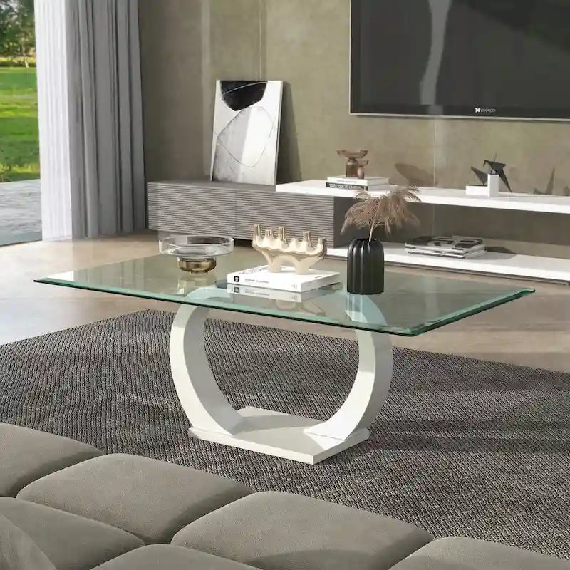 Contemporary 50-Inch Glass Top Coffee Table with Double Pedestal Base