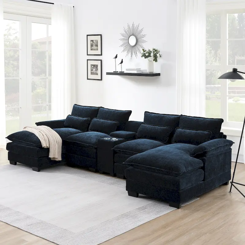 123*55 Modern U-shaped Sofa with Console,Cupholders and USB Ports, Upholstered ,Sleeper Couch Set with Chaise
