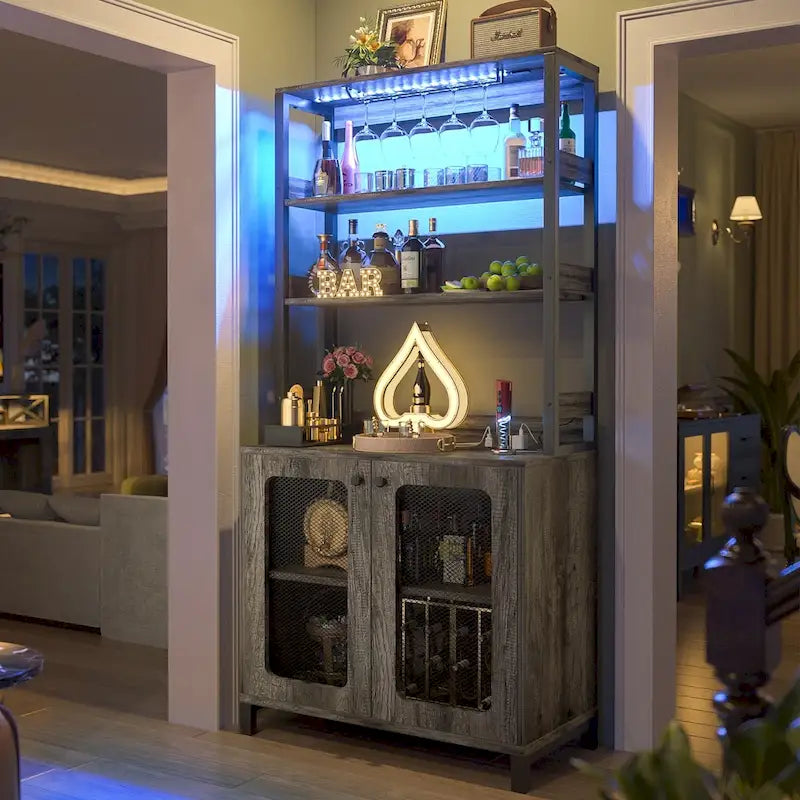 67-Inch Tall Wine Bar Cabinet with LED Lights, Glass Holder and Power Outlets