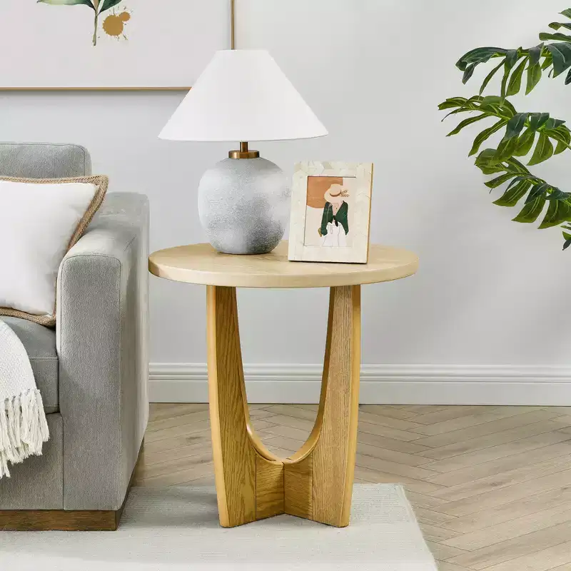 25-Inch Round End Table with Cross-Leg Design, Mid-Century Modern Wooden Side Table for Living Room, Reception, or Bedroom