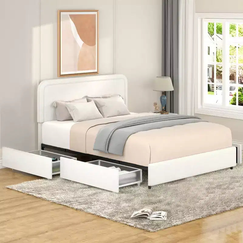 GDFStudio Ross 4-Drawer Storage Upholstered Queen Curved Stitched Bed with Adjustable Headboard Height, Ivory