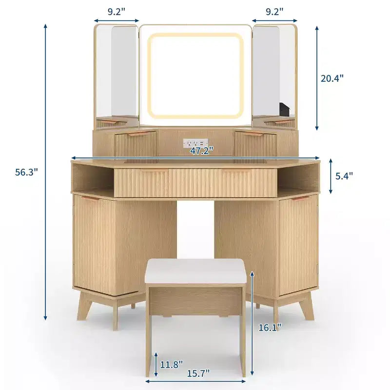 Corner Vanity Desk with Glass Top, Modern Fluted Makeup Table with Mirror & Chair, Space-Saving for Bedroom