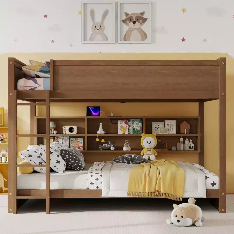Clihome Queen Over Queen Bunk Bed with Storage, Charging Station & Guardrails