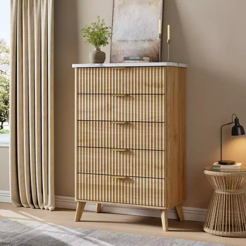 Fluted Dresser for Bedroom with 5 Deep Drawers, 47.2 in Tall Chest of Drawers with Faux Marble Top, Curved Profile Design, Modern Wooden Dresser