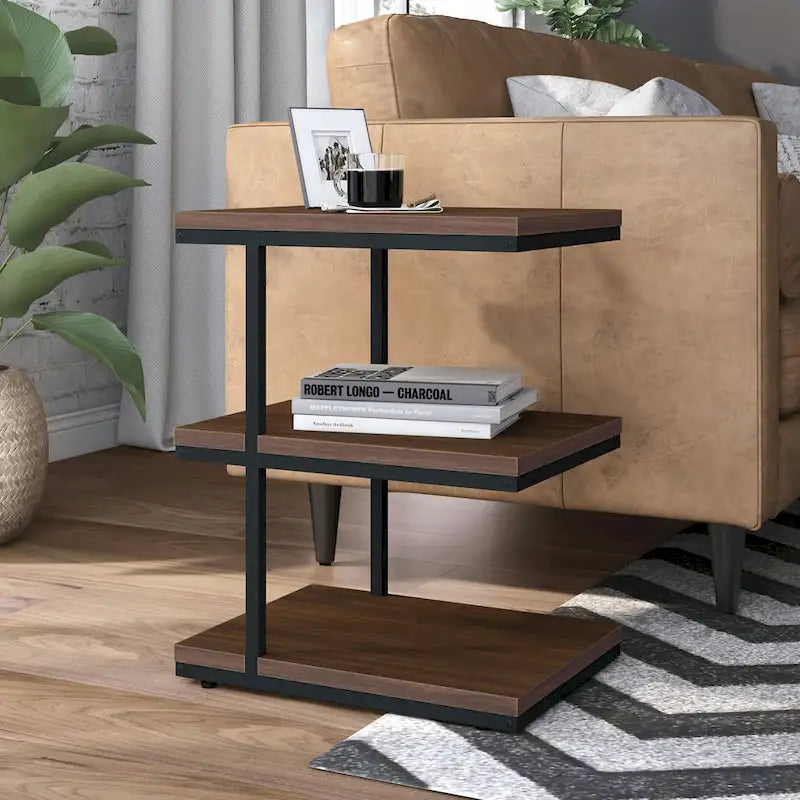 Contemporary 2-Shelf Side Table with Steel Frame and Wood Shelves