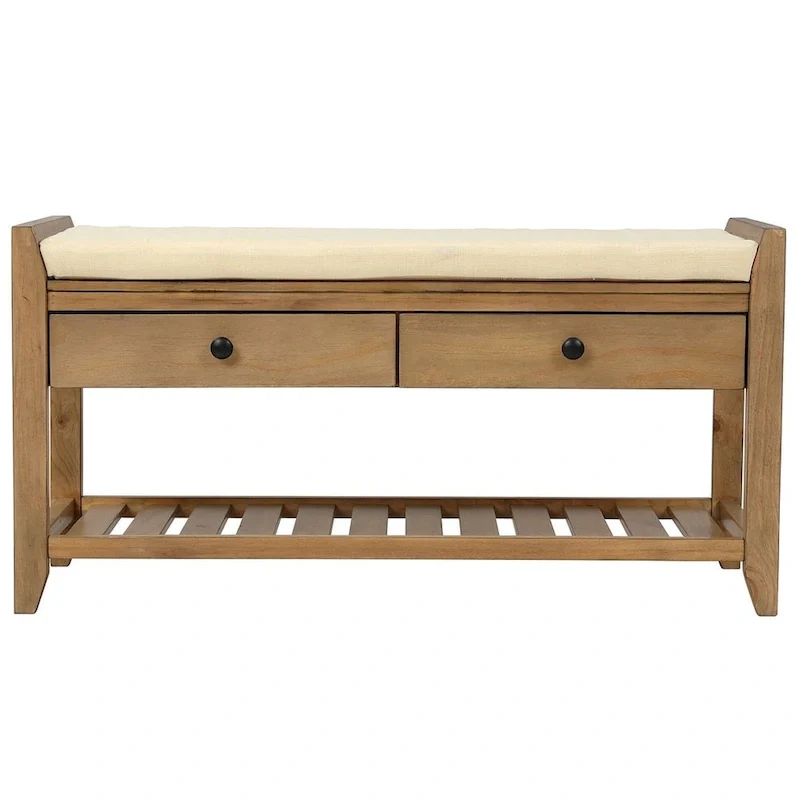 Wooden Storage Bench with Shoe Rack and Drawers