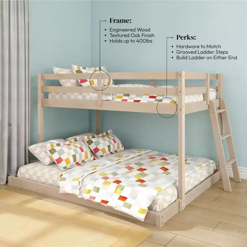 Low Bunk Bed for Kids �C Twin over Full, Engineered Wood, 400 lbs, 49H