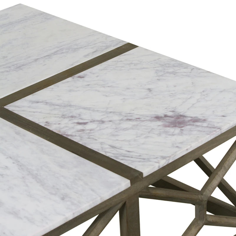 Coffee Table, 40 Inch Square White Marble Top, Sandblasted Ash Gray Mango Wood Geometric Frame