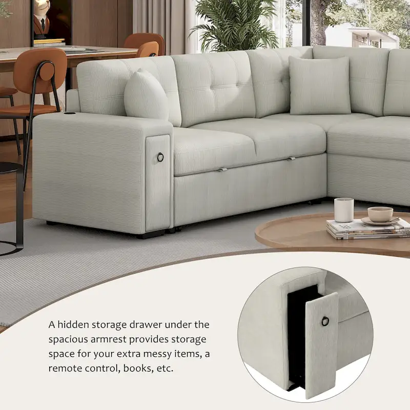 L-Shaped 4-Seat Sectional Sofa with Pull-Out Bed, Ottoman, USB Ports & Drop-Down Table