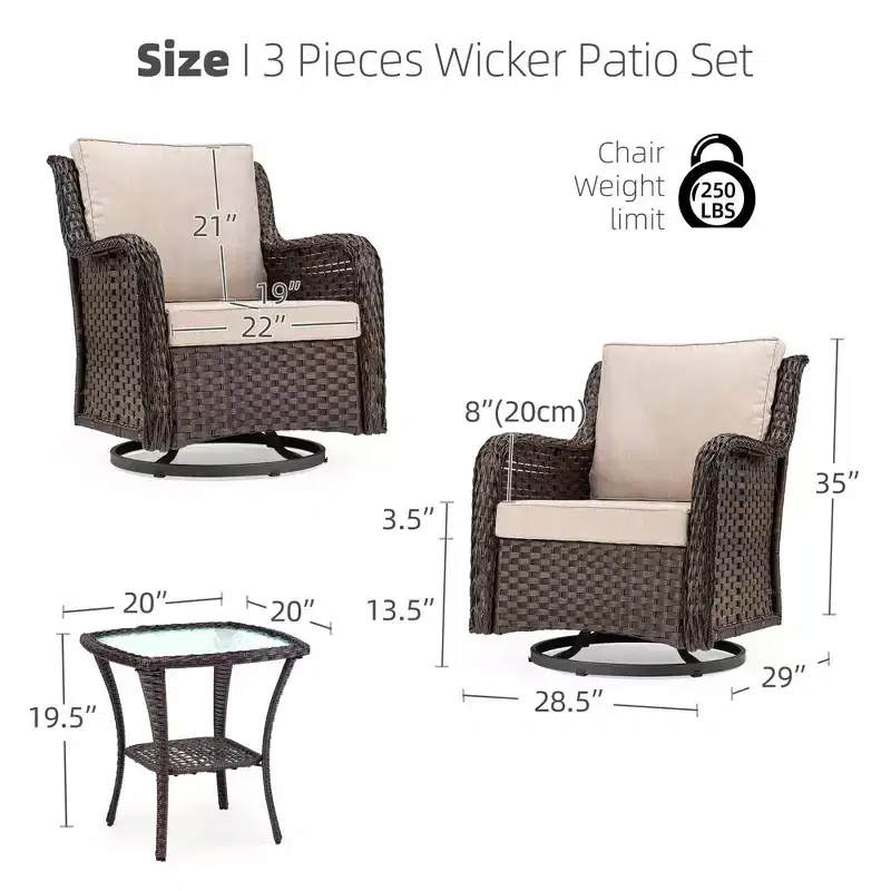 Swivel Wicker Glider Patio Chairs, 360-Degree Swivel Rocking Chair, 3 Pieces Outdoor Bistro Set, for Porch, Balcony