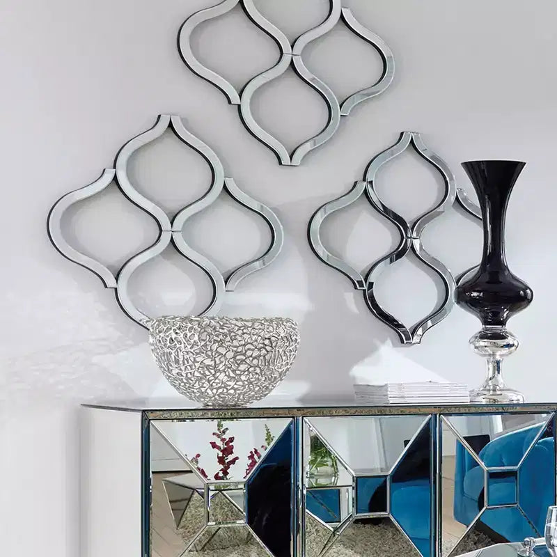 Decorative Lattice Beveled Accent Wall Mirror, Silver Wood Frame
