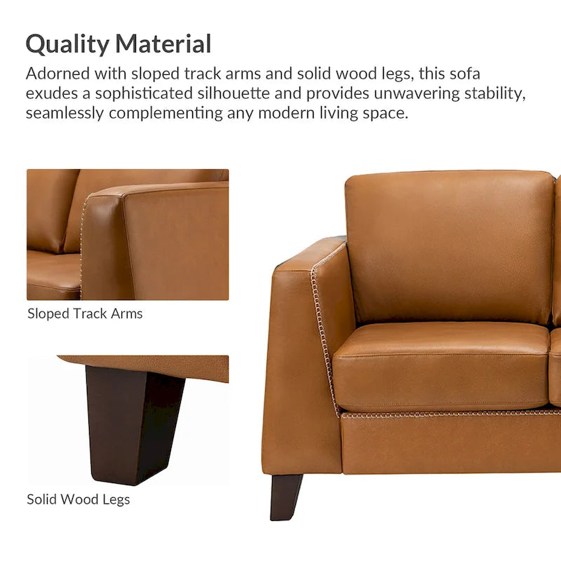 81.5 Inch Genuine Leather Tuxedo Arm Sofa with Solid Wood Legs