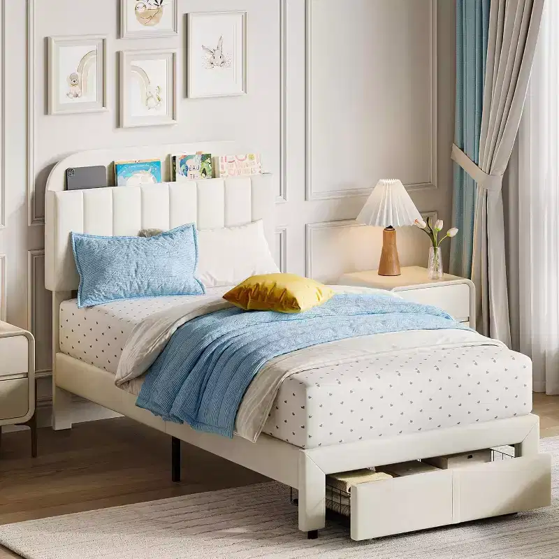 Twin Bed Frame with Drawer, Velvet Upholstered Platform BedFrame with Storage Headboard for Kids, No Box Spring Needed, Easy Assembly