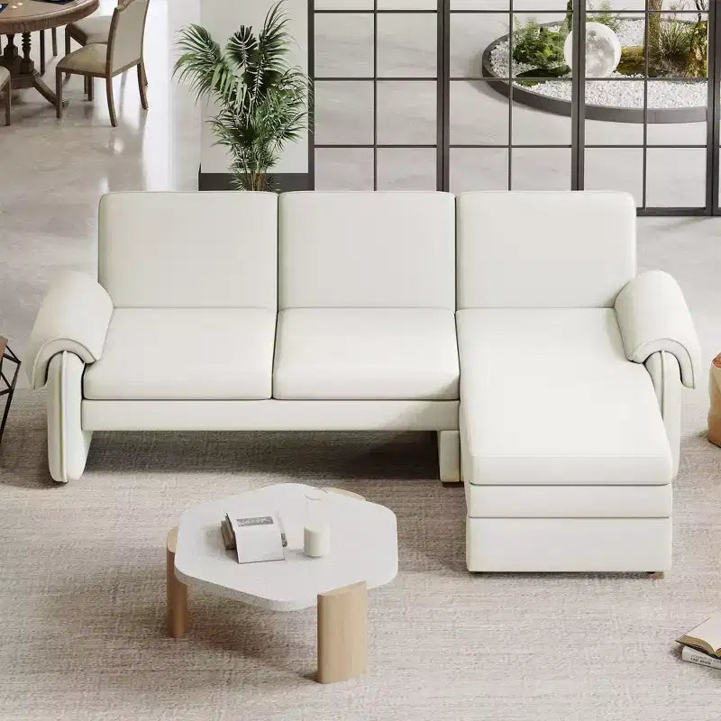 94.1 Convertible Futon Sofa Bed with adjustable backrest, reversible chaise lounge & 2 removable armrest pillows for living room, Beige