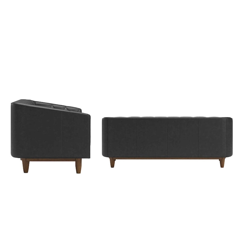 Dark Oak & Black Leather Button Tufted Loveseat