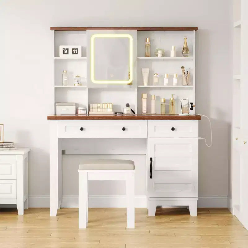 Makeup Vanity Desk,Makeup Vanity with Mirror and Lights & Power Outlet, Makeup Table with 2 Drawers and Cushioned Stool, Dressing Table