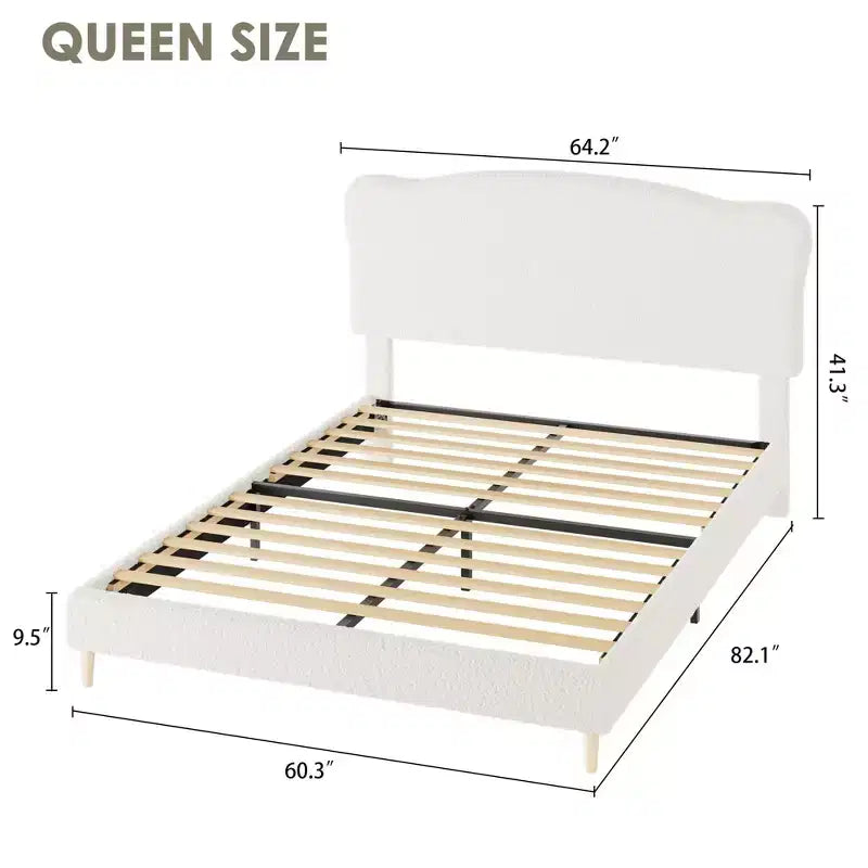 Acekool Upholstered Platform Bed Frame with Boucle Headboard, Low Profile Rounded Corner Bed, Wooden Slats, No Box Spring Needed