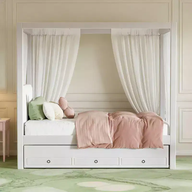 Modern Canopy Platform Bed with Upholstered Headboard, Trundle and 3 Drawers, Beige