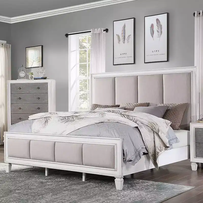88 Eastern King Bed Katia Bed Light Gray Linen, Rustic Gray Weathered White Finish - Acme Furniture