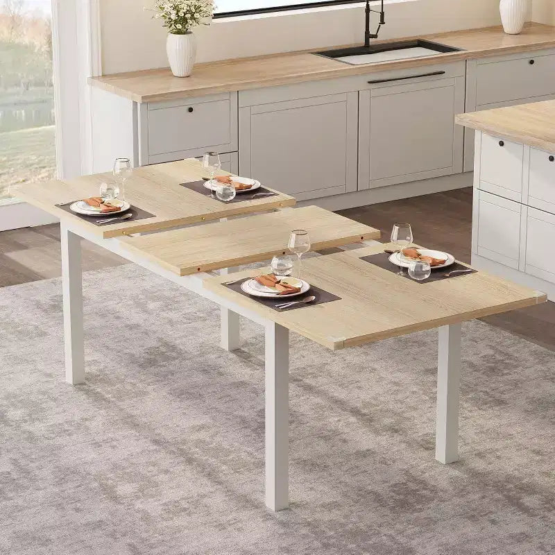 Extendable Dining Table for 46, 63 Large Wood Table with Metal Frame and MDF Top, Kitchen or Dining Room
