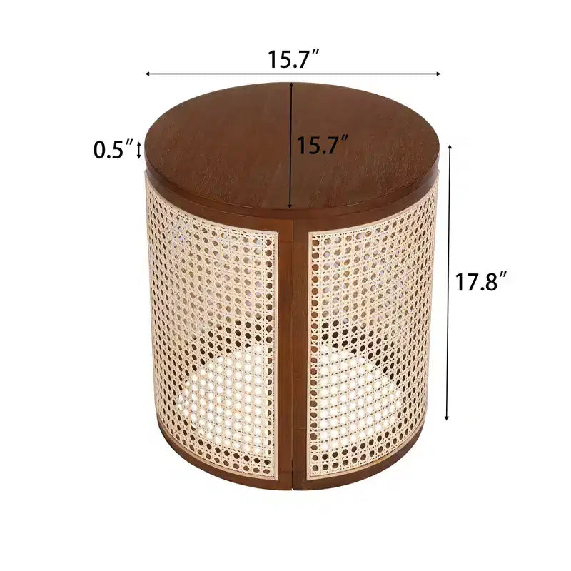 JVNOXK 15.70-inch round accent table, openwork weave Small rubberwood nightstand Rattan coffee table, wood tabletop Dark brown
