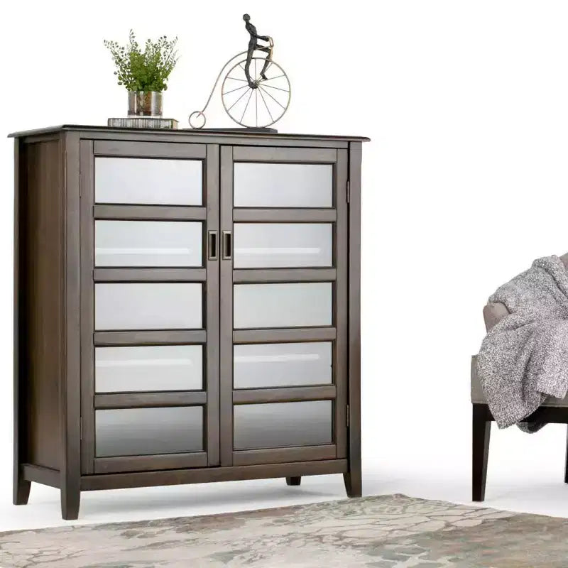 40" Portland Medium Storage Cabinet Mahogany Brown - WyndenHall: Tempered Glass Doors, Pine Frame, 4 Adjustable Shelves
