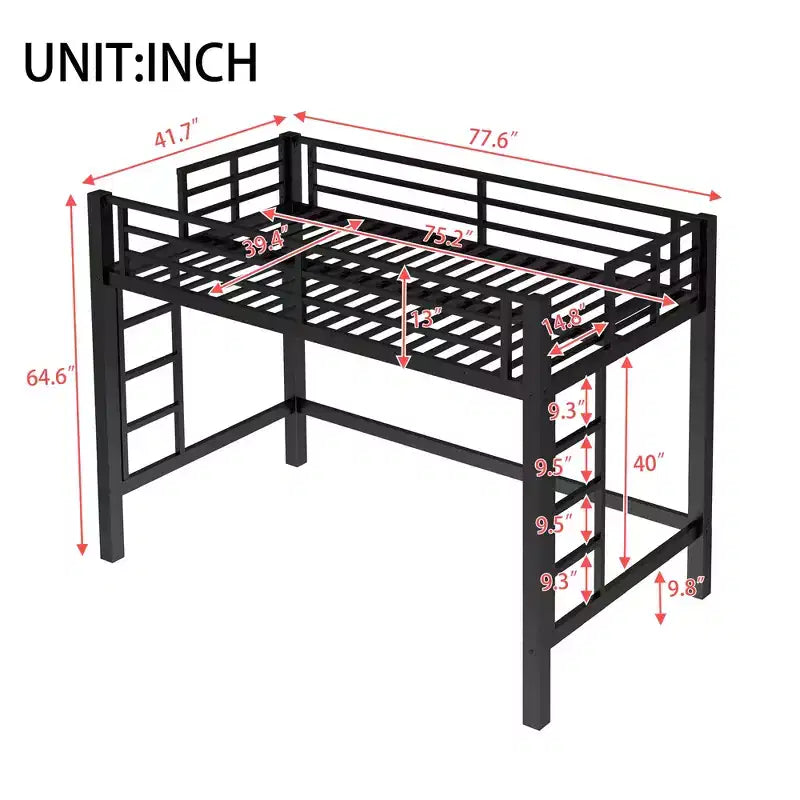 Bellemave Twin/Queen Size Metal Loft Bed with Easy Climbing Ladder and Guardrails, Black