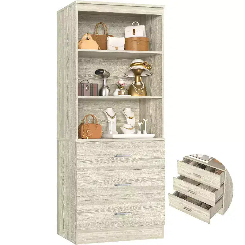 71-Inch Tall Bookshelf with 3 Drawers and Open Shelves
