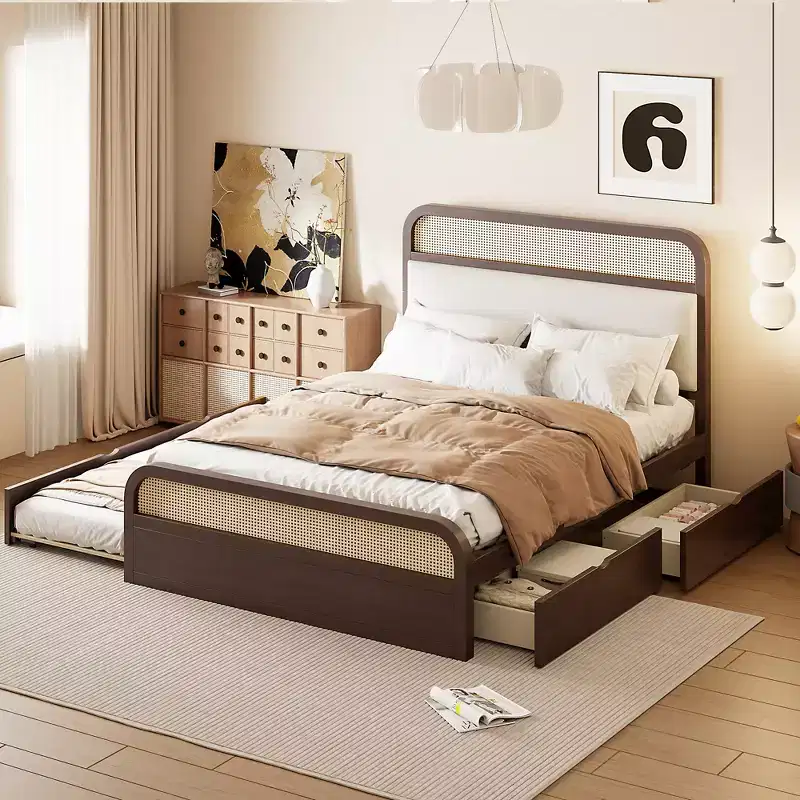 Whisen Queen Size Wooden Platform Bed with Trundle and 2 Drawers