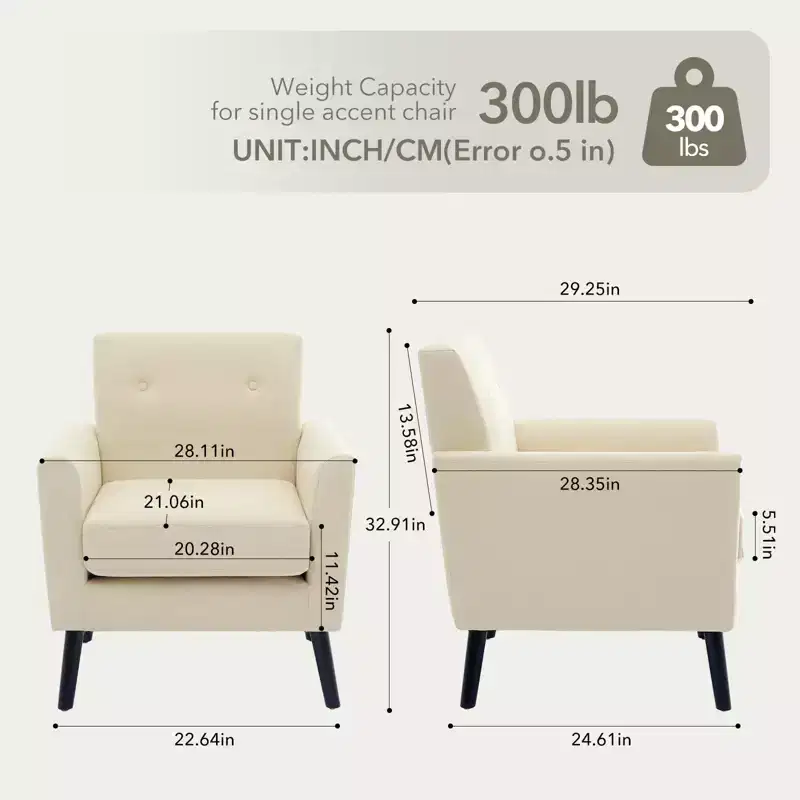 Beige/Grey Upholstered Accent Armchair with Wood Legs, Single Seat