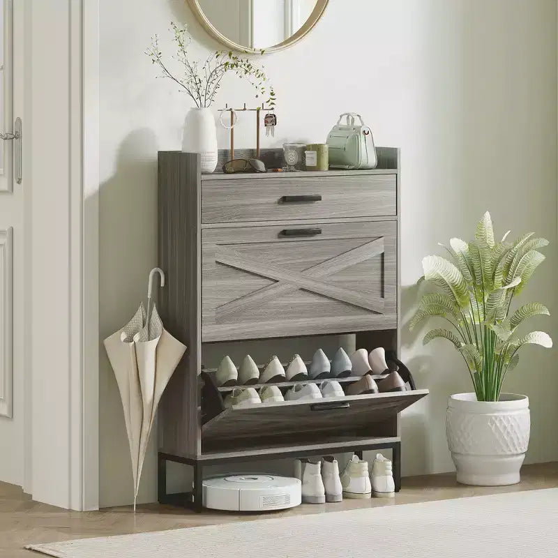Slim Shoe Storage Cabinet, Shoes Cabinet Organizer with 2 Flip Drawers, Adjustable Shelves for 12 Pair