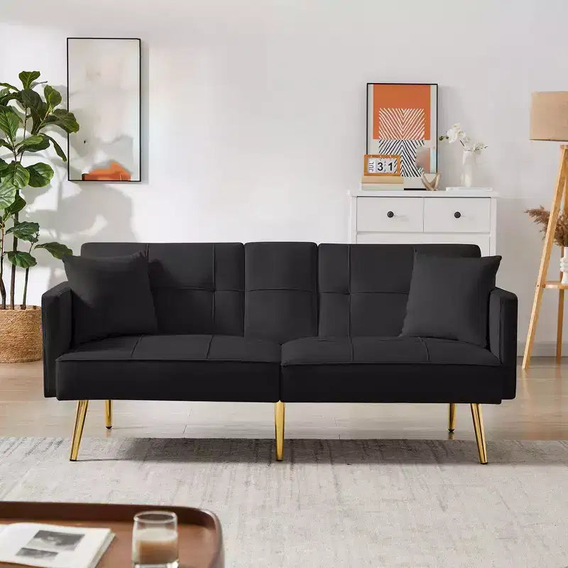 69.2 Convertible Futon Sofa Bed With 2 Pillow, Loveseat Sleeper Sofa with Adjustable Backrest, Velvet Futon Couch for Guest Room Living Room