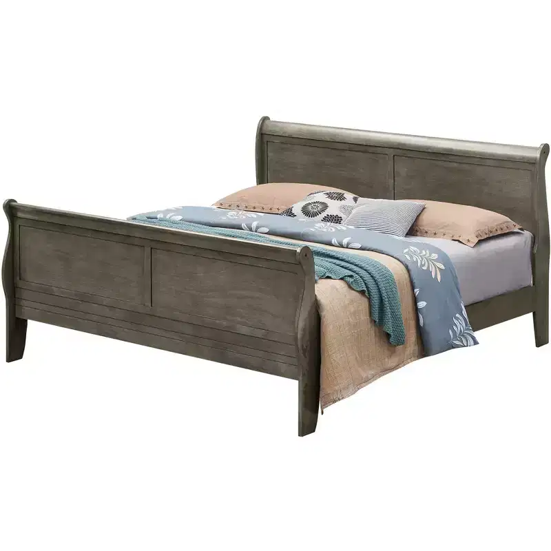 Passion Furniture Louis Philippe King Sleigh Wood Bed with High Footboard