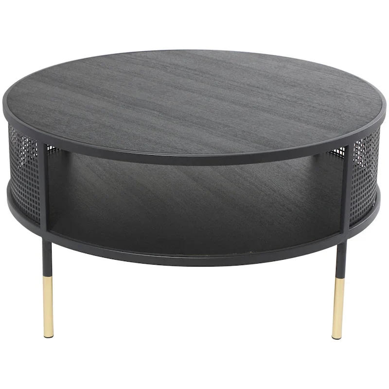 Metal Geometric Open Grid Frame 1-Shelf Accent Table or Coffee Table with Gold Legs, Black