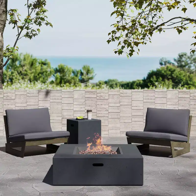 Christopher Knight Home Sherwood Outdoor Acacia Wood Club Chairs with Cushions and Square Fire Pit