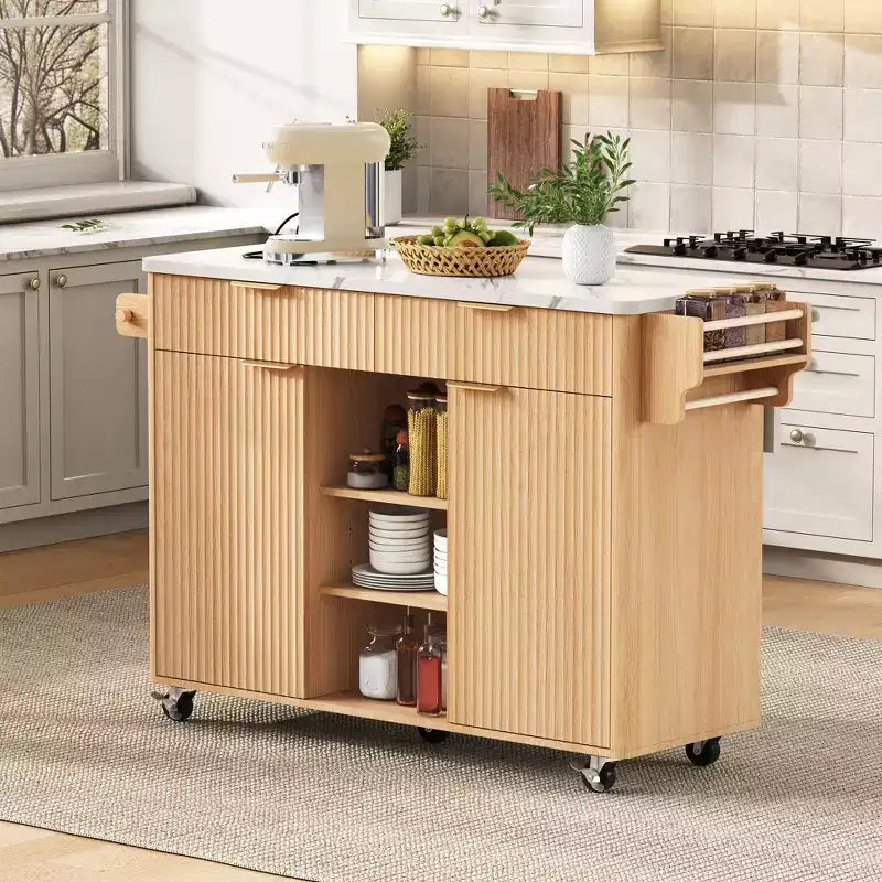 52-Inch Fluted Kitchen Island Cart with Power Outlet and Faux Marble Drop Leaf