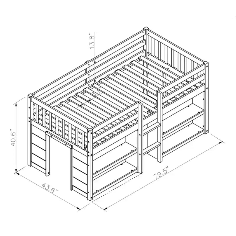 Bellemave Twin Low Loft bed With Two-Tier Shelves and LED Light,Pine Low Loft Bed Frame with Kid-Friendly Design,No Box Spring Needed