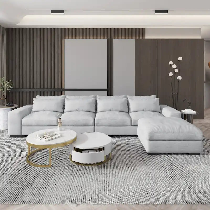 Light Grey Linen Feather Filled L-shaped Reversible Sectional Sofa