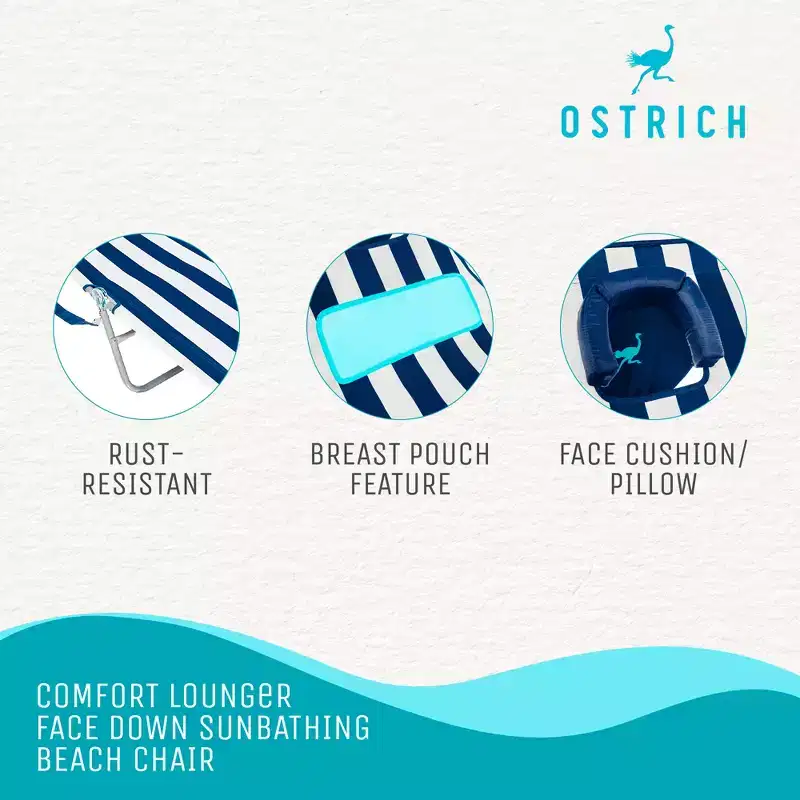 Ostrich Ladies Comfort Sunbathing Chaise Lounge Reclining Beach Chair and On-Your-Back Outdoor 5-Position Recline Beach Chair, Striped Blue