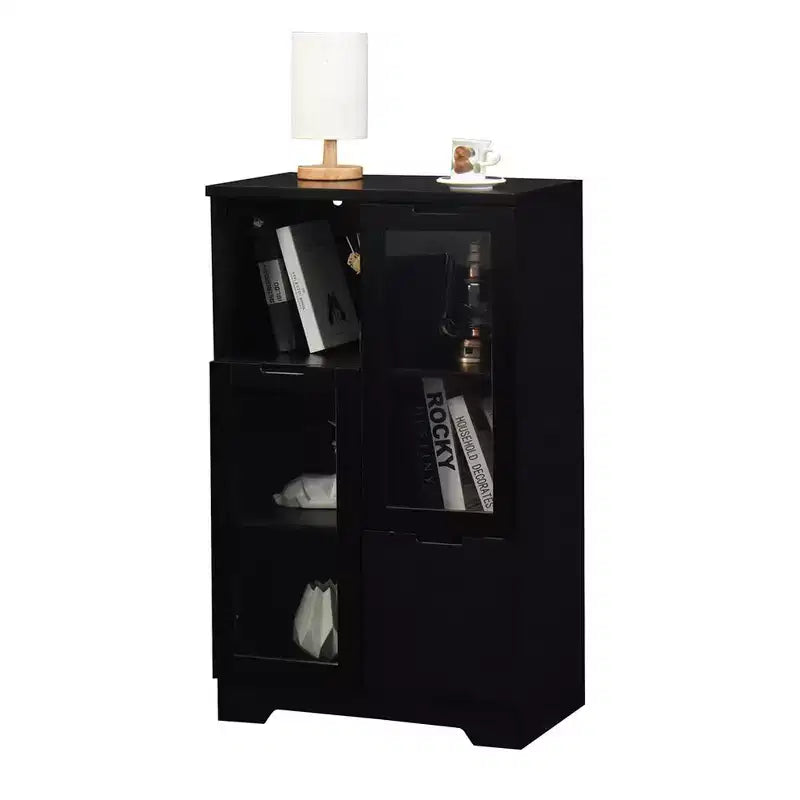Modern Storage Cabinet With 2 Glass Doors & 2 Storage Spaces, Freestanding Floor Cabinet With Adjustable Shelves For Living Room Bathroom Kitchen