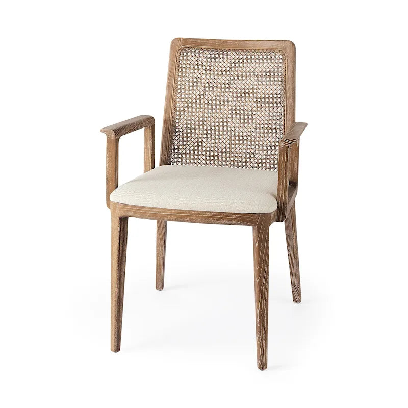 Cream Fabric Seat with Cane Back and Light Brown Solid Wood Frame Dining Chair