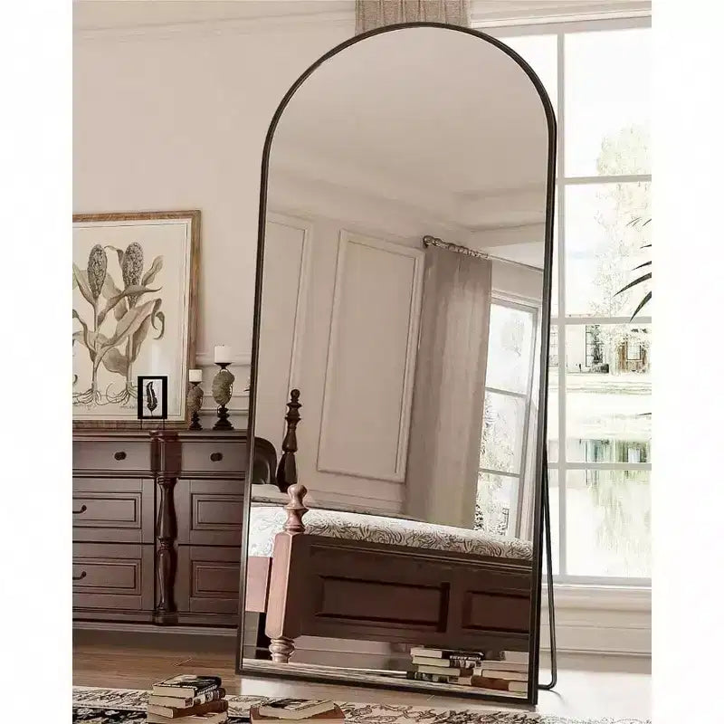 71x28 Black Arch Mirror with Stand. Full Length for Freestanding or Hanging Use in Bedroom, Living Room