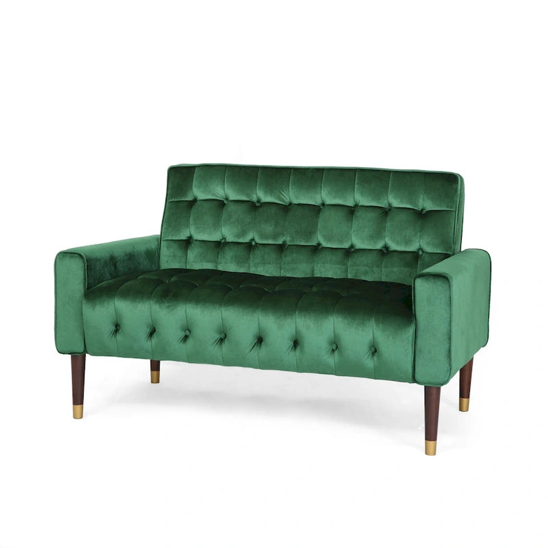 Mid-Century Modern Tufted Velvet Loveseat with Gold Tapered Legs