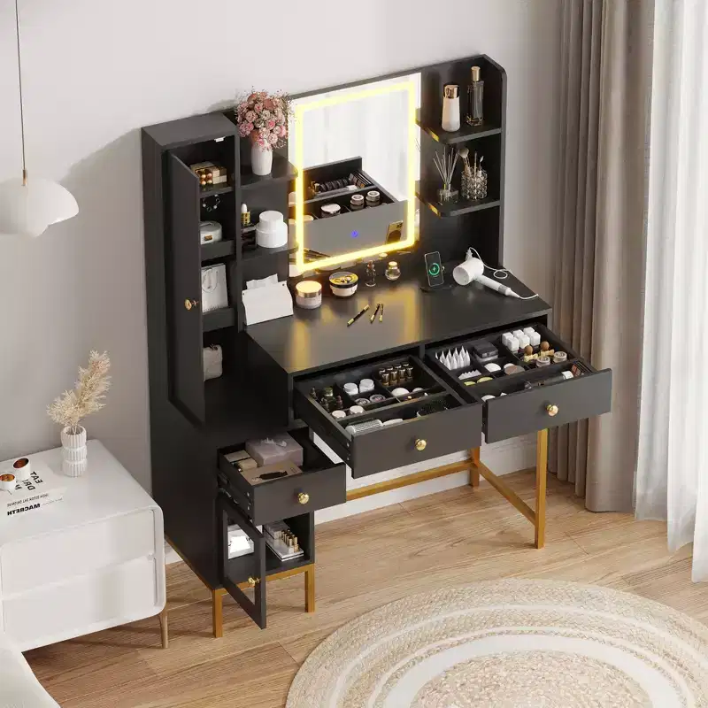 Makeup Vanity with Lights, Vanity Desk with Stool, Modern Dressing Table, 3 Drawers, Cabinet Open Shelves for Bedroom