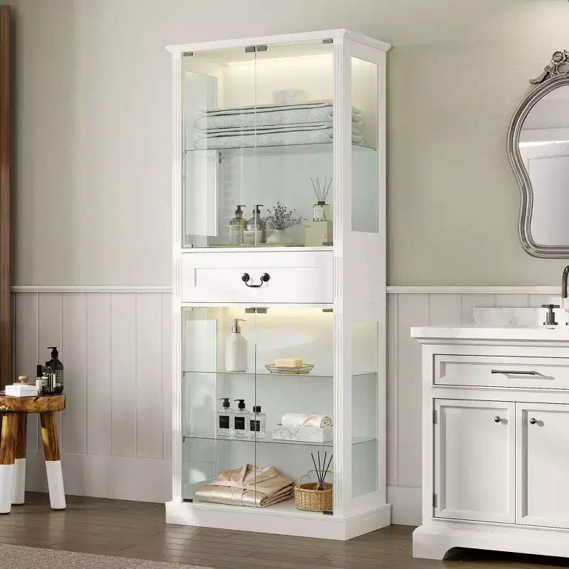 Famapy Freestanding Tall Bathroom Cabinet with 7-Color LED+Tempered Glass Shelves+Doors + Drawer Waterproof Bathroom Storage Tower