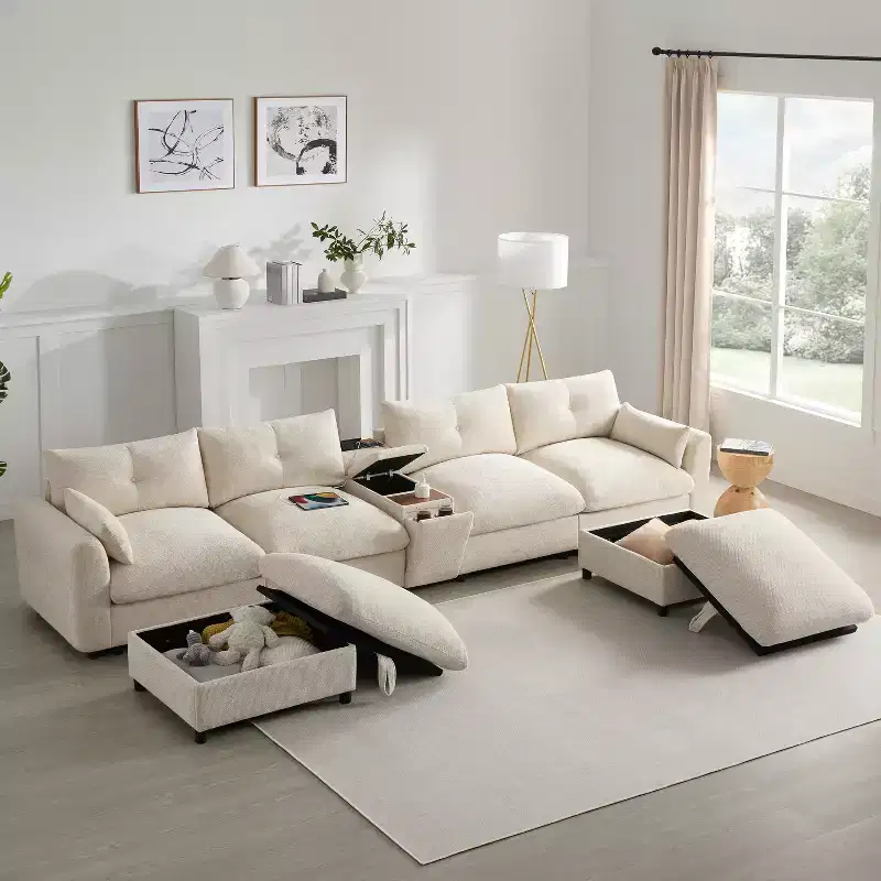GDFStudio Parker Modern 136 Chenille U-Shaped Modular Sectional Sofa with Two Storage Ottomans and Multifunction Console