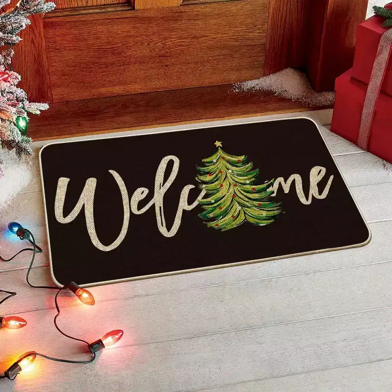 Lomsoe 1pc Black Xmas Tree Christmas Welcome Doormat, Winter Home Decor Rug Door Mat Floor Mat for Indoor Outdoor.